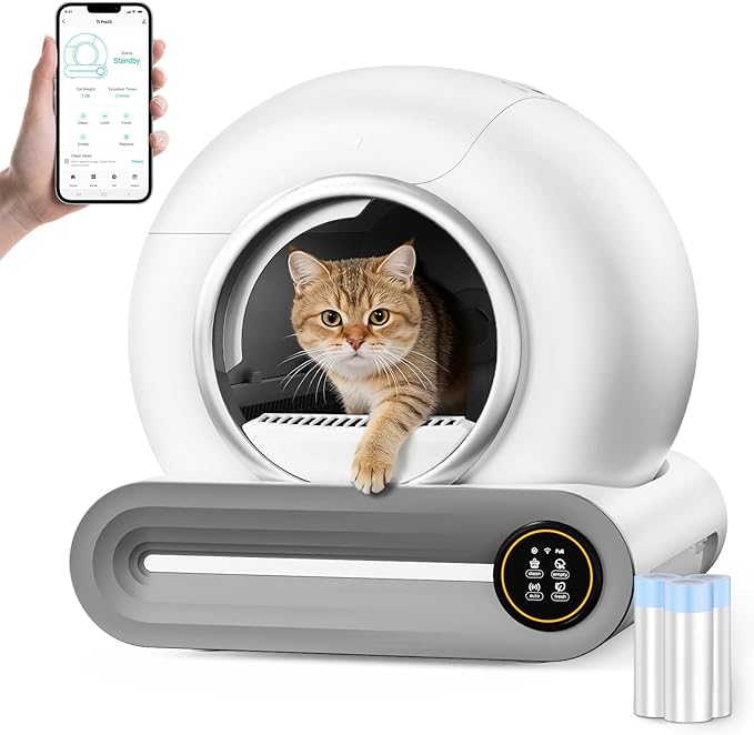 SUW Self Cleaning Litter Box, Automatic Cat Litter Box for Multiple Cats, 65L+9L Robot, 3 Rolls Grabage Bags Liner, 1 Odor Eliminator, Negative ion Deodorization, APP Control, Toilet Monitorin, White