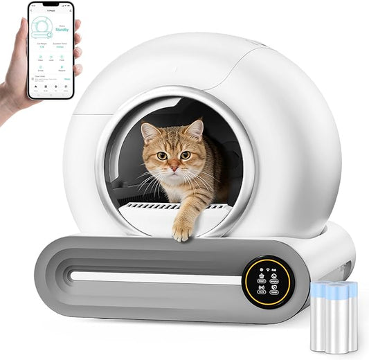 SUW Self Cleaning Litter Box, Automatic Cat Litter Box for Multiple Cats, 65L+9L Robot, 3 Rolls Grabage Bags Liner, 1 Odor Eliminator, Negative ion Deodorization, APP Control, Toilet Monitorin, White