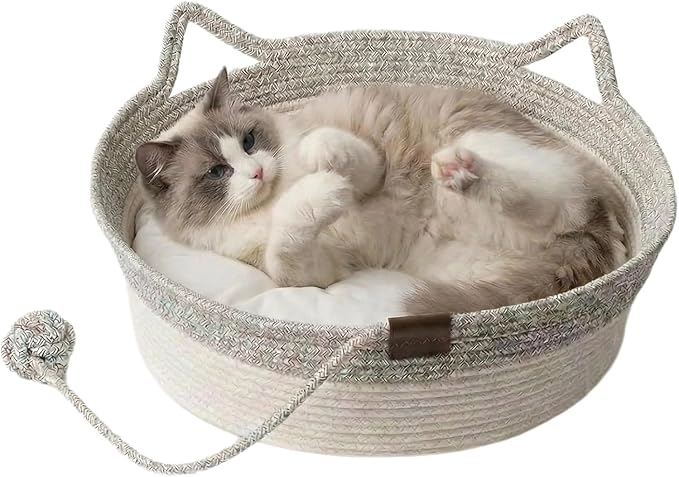 Handwoven Cat Basket with Toy Rope Ball, Foldable Scratchable Cat Hammock Bed, Breathable Cat Basket for Indoor Play Rest Sleeping (Grey)