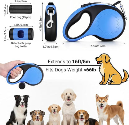 Segarty 16 Ft Retractable Dog Leash with Detachable Poop Bag Holder, 5m Walking Leash for Pets up to 66 lbs, 360°Tangle-Free Dog Lead with Anti-Slip Handle & One-Handed Brake Pause Lock for Outdoors