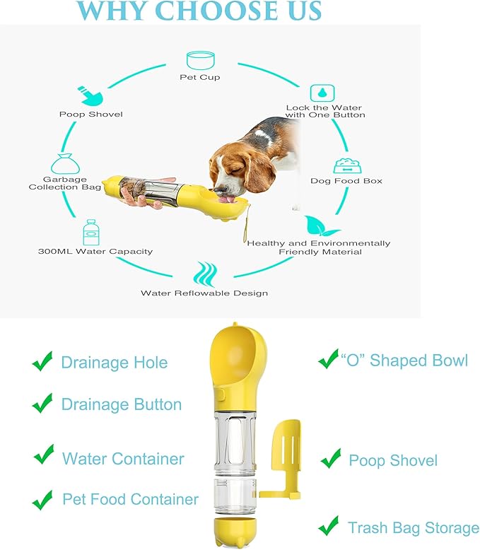 Upgraded Dog Water Bottle,Multifunction with Detachable Pet Treat Container and Poop Bags Box,Trash Shovel,O-Shaped Dog Bowl,Leakproof,Pet Travel,Outdoor Activity Necessities,Yellow(10.56fl oz)