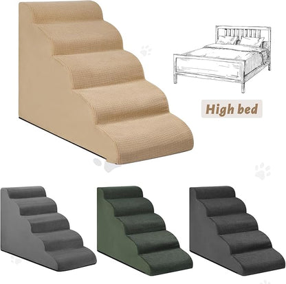 5-Step Dog Stairs and Ramp for High Bed, Non-Slip Sturdy Pet Steps for Small Dogs and Cats,22.2" H,Khaki