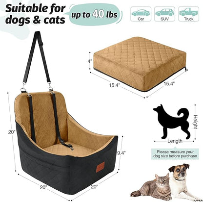 Lealchum Dog Booster Car Seat for Medium Dogs Up to 40lbs Pets,Easy to Install,Fully Detachable and Washable,Anti-Slip Base,Snug Puppy Car Seat with 2 Clip-On Leashes(Black/Coffee,Medium)