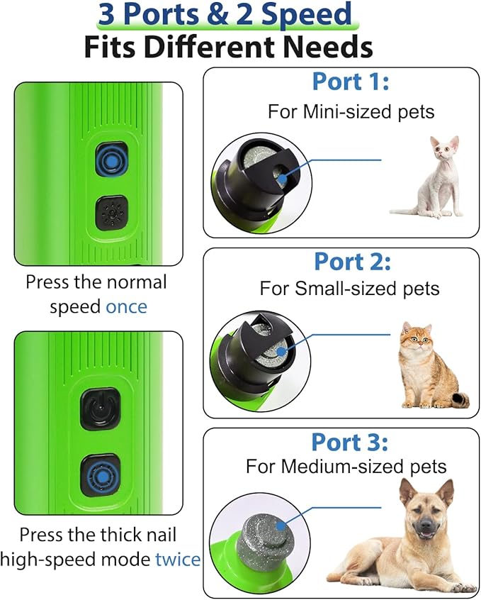 Electric Dog Nail Grinder with 2 Level LED Lights, 2 Speed Super Quiet and Low Vibration Electric Cat Nail Grinder - Rechargeable Pet Nail Grinder for Small Dogs Cats - Green