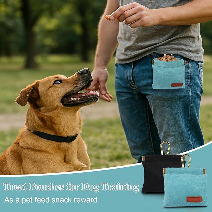 2Pcs Dog Treat Pouches for Pet Training, Hand Free Puppy Dogs Treat Bag with Carabiner, Portable Auto Closing Pet Dog Walking Bag for Travel or Outdoor Use, Pets Feed Snack Reward Pocket- Green, Black