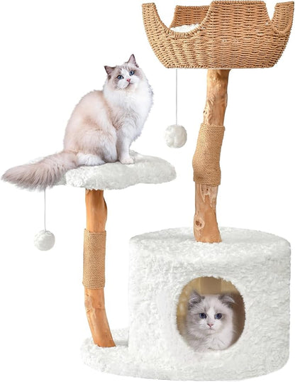 Easyego Modern Cat Tree, 39.3" Aesthetic Wood Cat Tree Tower for Large Cats, Luxury Cat Condo with Scratching Posts and Flower Platforms, Cat Furniture, White