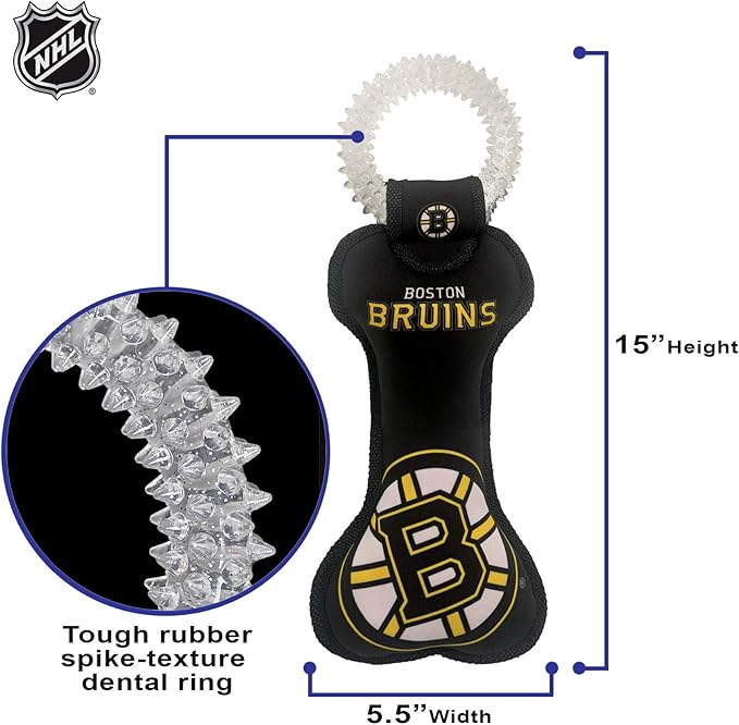 Pets First NHL Boston Bruins Dental Dog TUG Toy with Squeaker. Tough PET Toy for Healthy Fun, Teething & Cleaning Pet's Teeth & Gum., Team Color, one Size (BRU-3310)