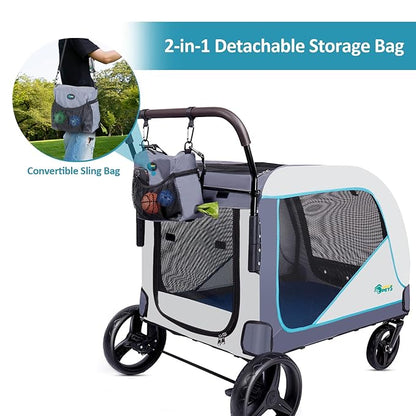 Ownpets Extra-Large Dog Stroller for Large Dogs Up to 154lbs, with Hanging Storage Bag, Foldable Dog Wagon with Adjustable Handle & Breathable Mesh, 4 Wheels Pet Stroller