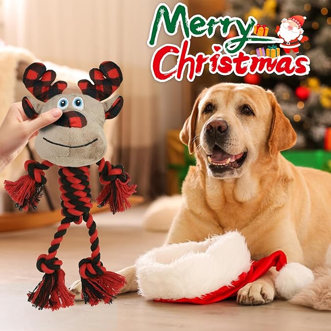 PAWCHIE Dog Christmas Toys 2 Pack,Squeaky Chew Dog Toy Interactive Puppy Toys,Soft Pet Plush Teething Pet Rope Toys Santa Claus Reindeer Shape for Boredom, for Small Medium Dogs,Red