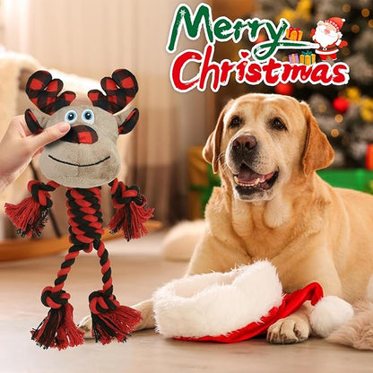 PAWCHIE Dog Christmas Toys 2 Pack,Squeaky Chew Dog Toy Interactive Puppy Toys,Soft Pet Plush Teething Pet Rope Toys Santa Claus Reindeer Shape for Boredom, for Small Medium Dogs,Red
