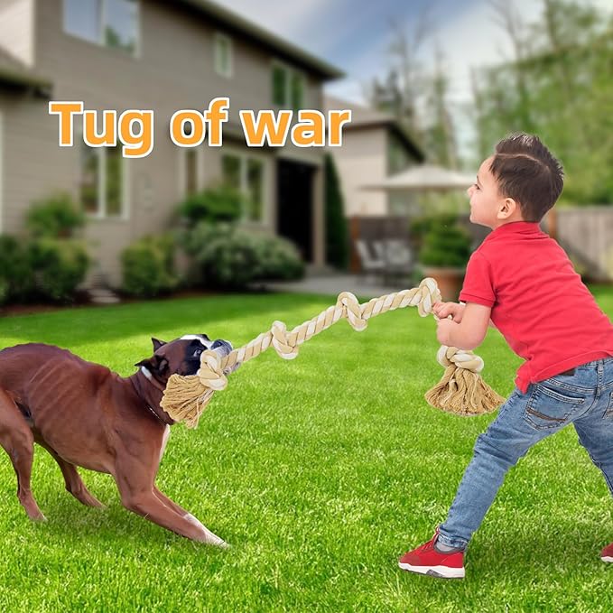 Bmag Dog Rope Toys for Aggressive Chewers, Interactive Heavy Duty Dog Toys for Medium Large Dogs, Tough Twisted Rope Toy with 5 Knots(Beige)