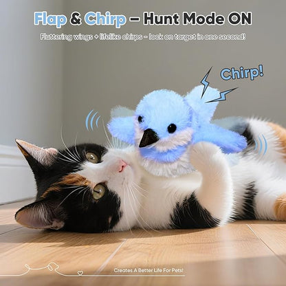 Petbobi Flappy Bird Cat Toy - Realistic Interactive Cat Toy with Sparrow Bird Chirp Tweet Flapping Wings (Non-Flying Design), Rechargeable Motion-Activated Catnip Toys for All Breeds Kittens, Blue