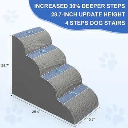 Dog Stairs for Bed 28.7”H, 4 Extra Deeper Ramp/Steps for Small Dogs & Cats to get on High Bed or Couches, Grey