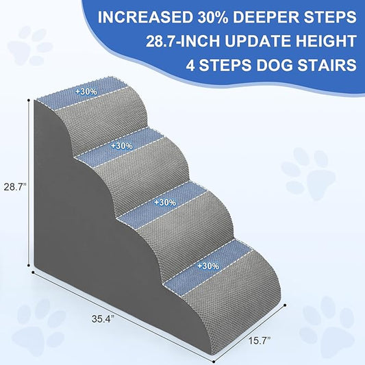 Dog Stairs for Bed 28.7”H, 4 Extra Deeper Ramp/Steps for Small Dogs & Cats to get on High Bed or Couches, Grey