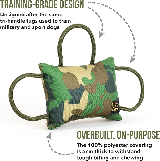 O.G.B. Operation Good Boy Bite Pillow Tug Toy for Dogs - Tri-Handle Design Used by Military and Sport Dog Trainers - Reinforced Polyester Cords and Thick Camouflage Covering for Fun Play and Training