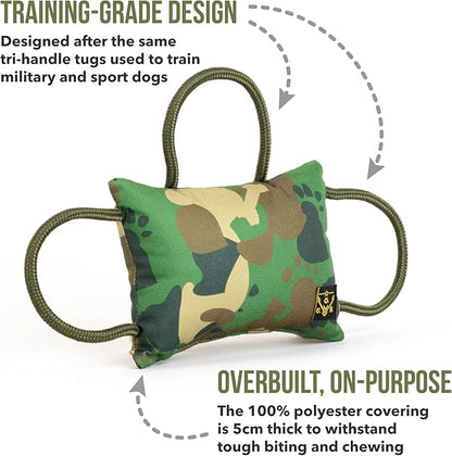 O.G.B. Operation Good Boy Bite Pillow Tug Toy for Dogs - Tri-Handle Design Used by Military and Sport Dog Trainers - Reinforced Polyester Cords and Thick Camouflage Covering for Fun Play and Training