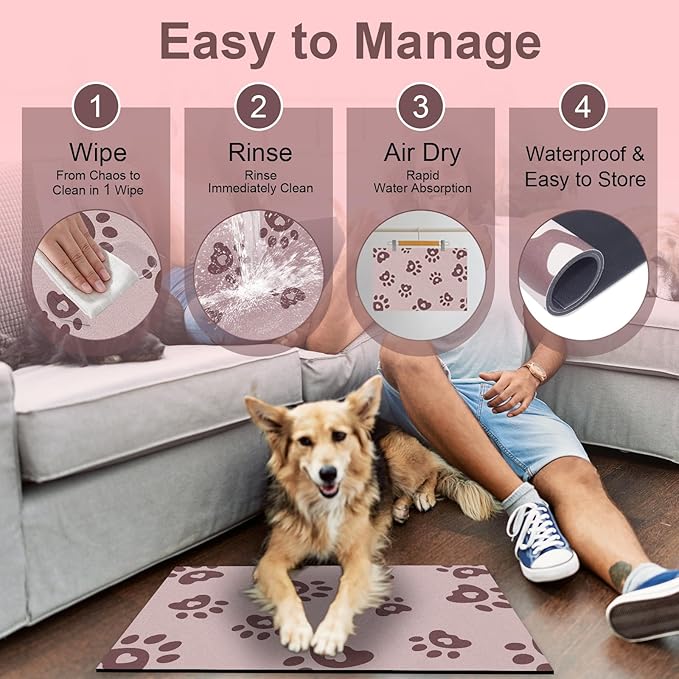 BLESWIN Pet Feeding Mat 12"x20", Absorbent Pet Food Mat, Dog Food Mat Small, Rubber Dog Mats are Non-Slip and Waterproof to Protect Floors, Mat for Cat Food and Water Bowls, Cat Feeding Mat, Pink