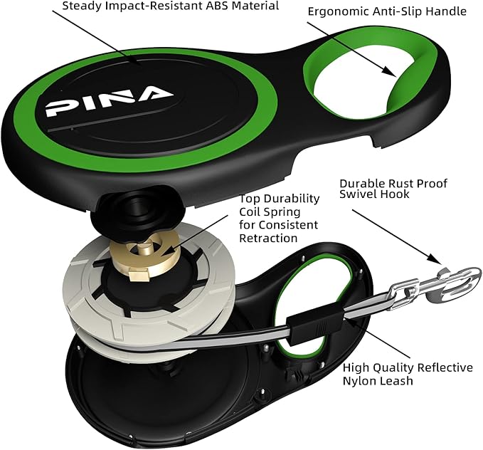 PINA Retractable Dog Leash, 26ft Dog Leash for Small Medium Large Dogs Up to 110lbs, 360° Tangle-Free Strong Reflective Nylon Tape, with Anti-Slip Handle, One-Handed Brake, Lock - Black Green