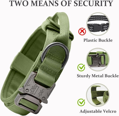 Tactical Dog Collar, Adjustable Military Training Nylon Dog Collar with Control Handle and Heavy Quick-Release Metal Buckle for Small Medium Large Dogs, Green XL