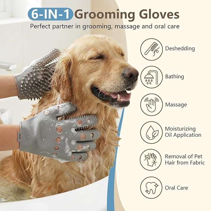 Pet Grooming Gloves for Cats & Dogs, Silicone Pet Hair Removal Glove for Bathing, Shedding & Massage, Gentle Cat & Dog Grooming Glove for Long & Short Hair Pets（Grey-Large）