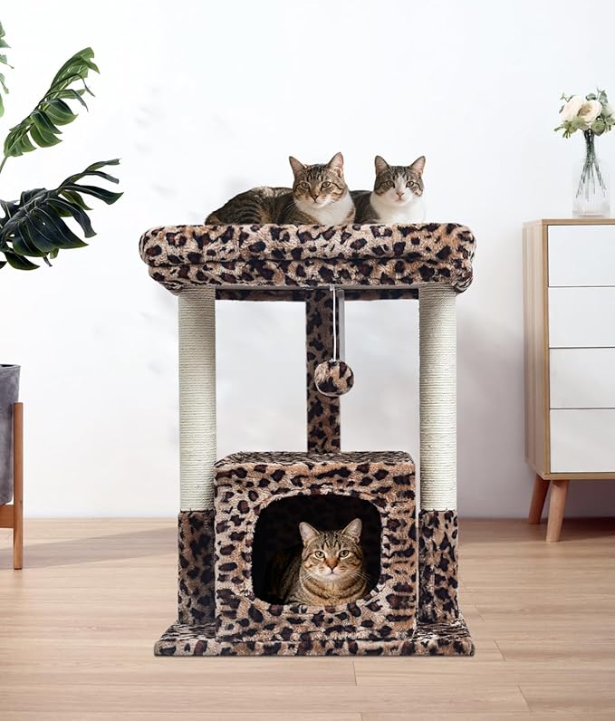 SYANDLVY 27" Cat Tree for Indoor Cats, Activity Tower with Scratching Posts, Modern Kitten Condo with Plush Perch & Hanging Ball for Play, Leopard Print