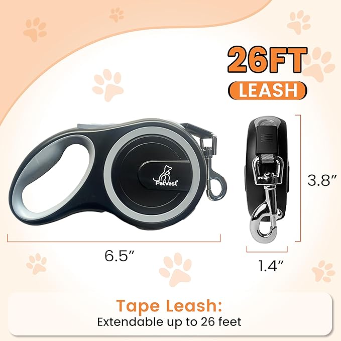 Retractable Dog Leash – Extendable up to 26 FT, Heavy Duty Nylon Tape, No-Tangle, One-Handed Brake & Lock, for Small to X-Large Dogs up to 110 lbs (Black)