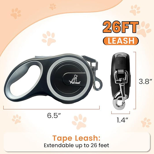 Retractable Dog Leash – Extendable up to 26 FT, Heavy Duty Nylon Tape, No-Tangle, One-Handed Brake & Lock, for Small to X-Large Dogs up to 110 lbs (Black)