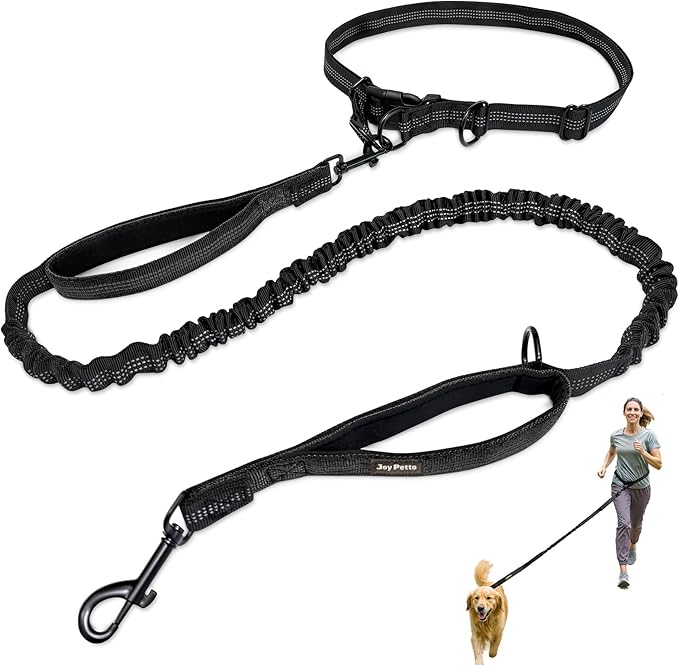 4-6 FT Hands-Free Dog Leash for Running & Walking - Adjustable Waist Belt (28-47"), Shock-Absorbing Bungee, 2 Reinforced Handles, Reflective & Anti-Pull for Small/Medium Dogs, Black
