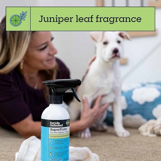 Pet Life Unlimited SuperFoam Spray, Carpet and Surface Cleaner for Dog Urine, 16 oz, Strong Odor & Stain Remover, Plant-Based Formula, Natural Juniper Leaf Scent, Two-Way Spray, USA Made (Pack of 3)