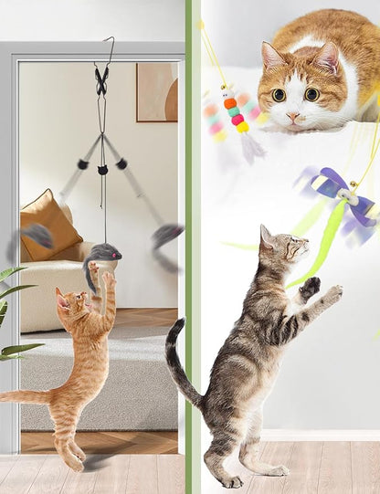 Hanging Interactive Cat Toy for Indoor Cats, 3 Pack Retractable Cat Feather Toy Kitten Toys with Bell/Elastic Rope/Adjustable Buckle for Play Chase Exercise Teaser