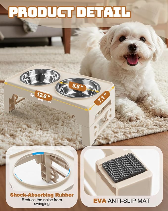 Elevated Dog Bowls for Small Dogs and Cats, Non-Slip Cat Bowls with 2 Thick 5.5" Stainless Steel Dishes, Dog Feeder 2 Heights Adjustable to 2.6"-5.3"