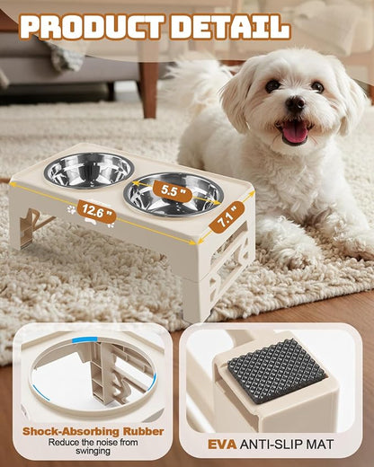 Elevated Dog Bowls for Small Dogs and Cats, Non-Slip Cat Bowls with 2 Thick 5.5" Stainless Steel Dishes, Dog Feeder 2 Heights Adjustable to 2.6"-5.3"