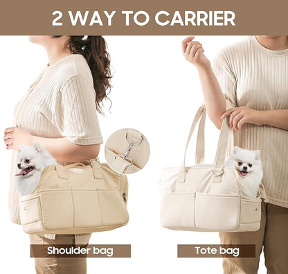Dog Purse Carrier for Small Dogs & Puppies Up 12 Lbs, Soft Cotton Tote Pet Shoulder Bag with Pockets, Foldable & Washable Breathable Puppy Carrier for Yorkie, Chihuahua & Cats - Beige