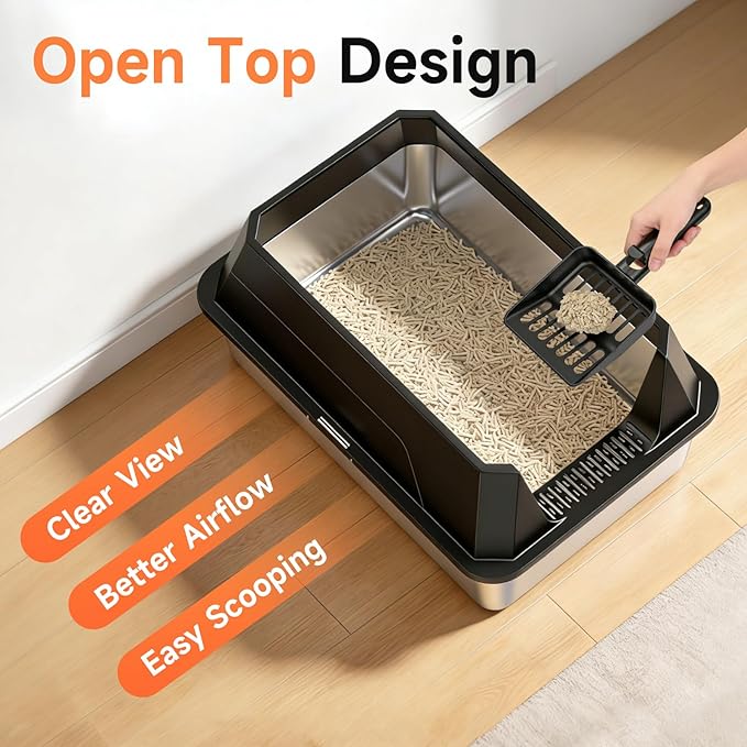 Stainless Steel Litter Box with High Sides Lid, XL High Sided Cat Litter Pan, Open Top Extra Large Metal Cat Litter Box, Non-Stick Leakproof, Litter Scoop Included, Black