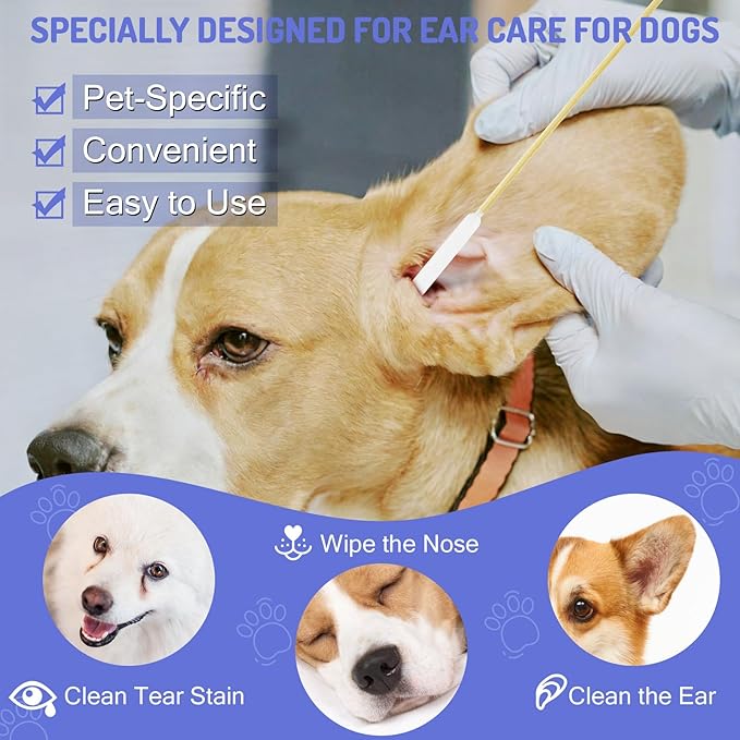 200PCS Professional Dog Ear Swabs in Storage Box, 6 Inch Long Cotton Swabs with Bamboo Handle for Dogs - Soft Cotton, Gentle and Lint-Free, Specially Designed Large Cotton Swabs for Dog Ear