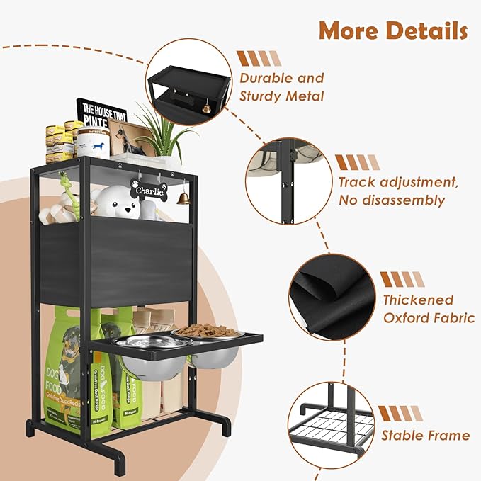 Elevated Dog Bowls: Height Adjustable Raised Dog Stand (4.5'' to 12'') 2 * 1700ml Stainless Steel Bowls + Slow Feeder, Feeding Station w/Storage Organizer & Toy Basket for Medium/Large Breeds