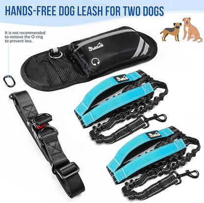 SlowTon Hands Free Dog Leash 2 Dogs - with Removable Zipper Pouch, Shock Absorbing Bungee, Dual Handle & Reflective Stitches, Wide Padded Adjustable Waist Leash for Dogs Walking Running, XL for 2 Dogs