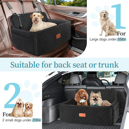 HEGGCOOE Dog Car Seat for Medium/Large Dogs, Pet Booster Seat for Under 55 lbs or 2 Small Dogs, Detachable & Washable Dog Car Bed for Backseat with 2 Safety Leashes(Black)