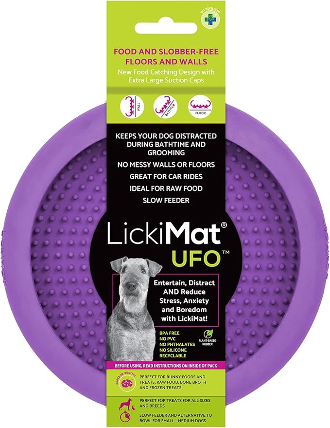 LickiMat UFO Purple - Perfect Bathing and Shower Ditractor. Natural Rubber LickiMat with Soother Nubs. runny Treats. Unique Food and Dribble Catcher Design. Suitable for All Flat Surfaces.