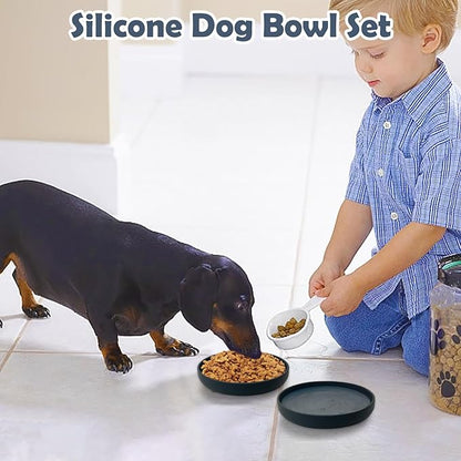 Silicone Dog Bowl Set of 2 Flat Puppy Food & Water Dish Less Mess Cat Dry Food Plates with Suction Cup Non-Tippable Feeding Bowls for Small & Medium-Sized Pets (Round Grey)