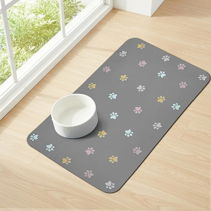 Cat Food Mat Absorbent Dog Mat for Food and Water Non Slip Quick Dry Dog Bowl Mats for Floors 24" X 16" Paw Light Gray