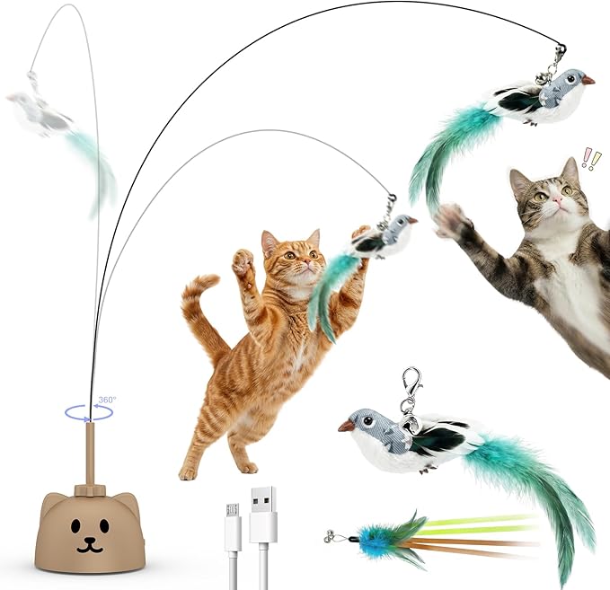 Interactive Cat Toys for Indoor Cats - Automatic Flying Bird Feather Toy, USB Rechargeable Electric Cat Teaser with Strong Sticky Base, Smart Motion Self-Play Toy for Bored Cats(Brown)