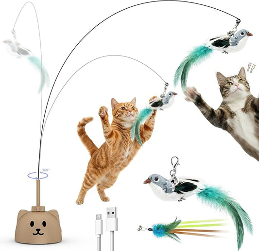 Interactive Cat Toys for Indoor Cats - Automatic Flying Bird Feather Toy, USB Rechargeable Electric Cat Teaser with Strong Sticky Base, Smart Motion Self-Play Toy for Bored Cats(Brown)