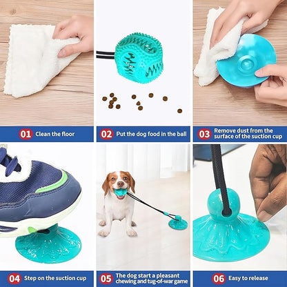 Dog Treat Food Dispensing Ball - Chew Toy with Suction Cup for Aggressive Chewers, Tug of War Toy, Stimulating Dog Activity Games for Training/Puppy Enrichment (Aqua)