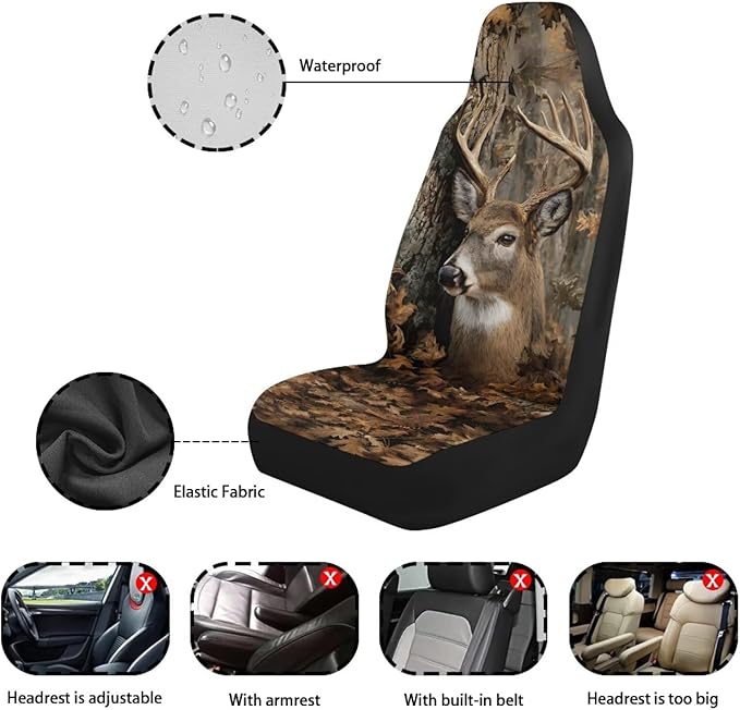 Waterproof Front Seat Covers Easy Installation Camo Deer Hunter Car Seat Covers Set of 2 Stretch Polyester Fabric Cover Car Interior Accessories Universal Fit Most Cars,SUV, Trucks