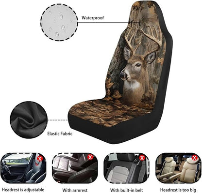 Waterproof Front Seat Covers Easy Installation Camo Deer Hunter Car Seat Covers Set of 2 Stretch Polyester Fabric Cover Car Interior Accessories Universal Fit Most Cars,SUV, Trucks