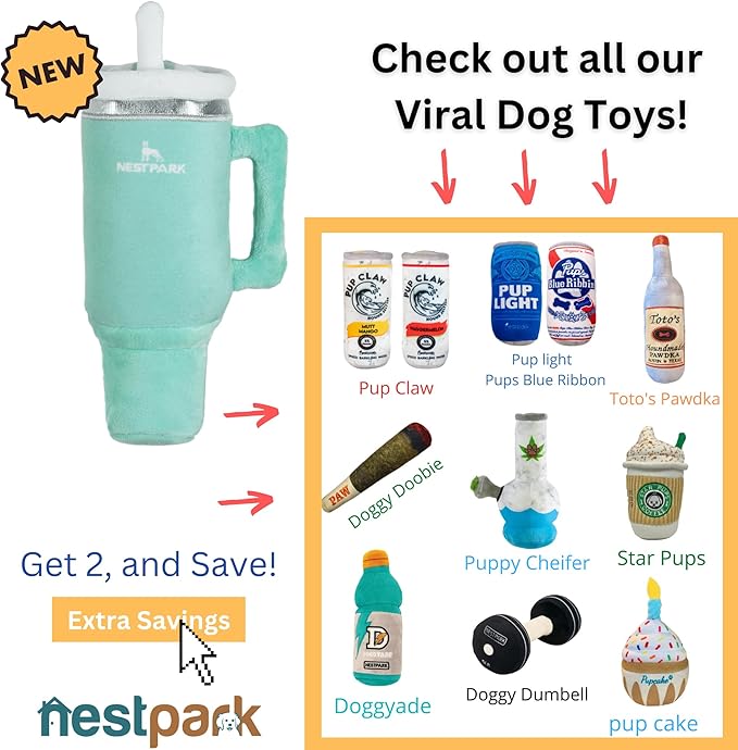 Nestpark Tumbler Cup Funny Dog Toy - Parody Plush Squeaky Crinkle Dog Toy (Seafoam Green)