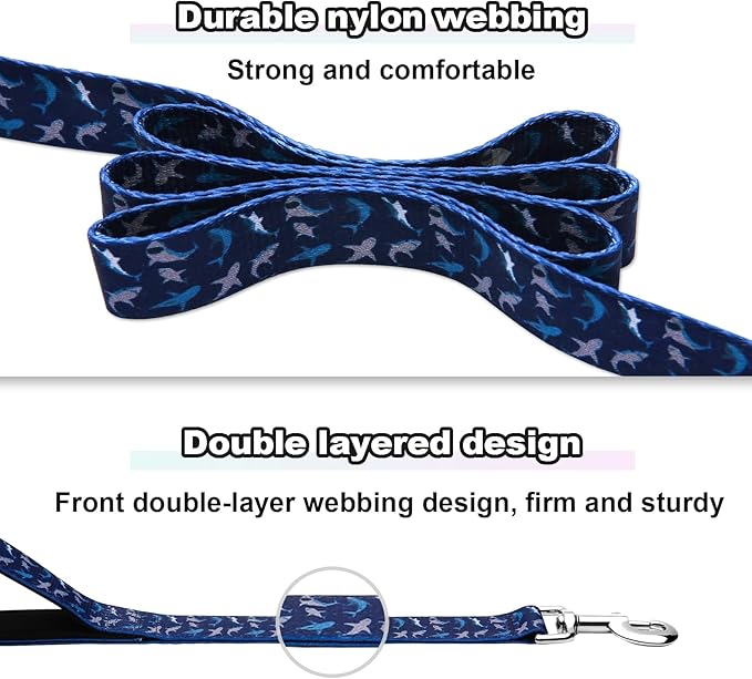 Double Handle Dog Leash 6 Foot with 2 Padded Handles, Heavy Duty Nylon Dog Leash with Traffic Control Handles,Walking Training Lead, Deep Blue Shark