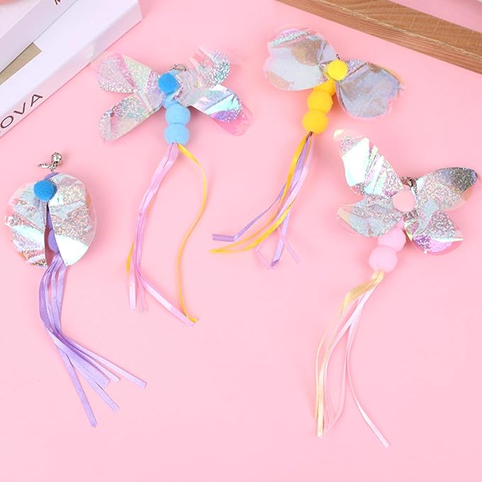 Cat Toy Refill, 4 Pack Butterfly Toy with Tassel and Bell for Cat Wand Toy Accessories Cat Toy Attachment Replacements, 5.51” Realistic Size Butterfly Toy for Bored Indoor Adult Cat Play