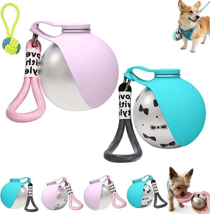 Foldable Pet Water Bottle for Travel, 2 in 1 Portable Dog Water Bottle, 304 Stainless Steel Compact Dog Drinking Bottles Leak Proof & Silicone Bowl for Walking Hiking (2PCS,H)